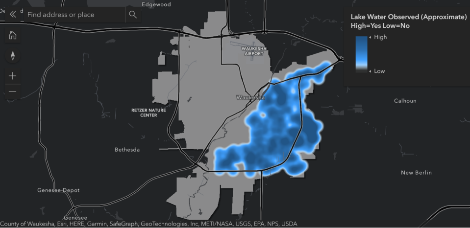 This interactive map screenshot shows the progress of the lake water (in blue) as of 7 a.m. Oct. 10. The interactive map allows Waukesha residents and businesses to track how close the lake water is to their neighborhoods. The darker blue indicates areas of heaviest concentration. The map is available at https://waukesha-water.com.