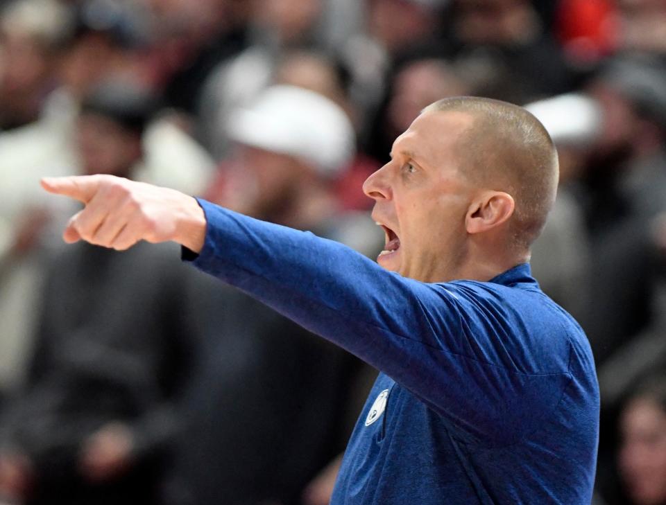 BYU's head coach Mark Pope points during the Big 12 basketball game against Texas Tech, Saturday, Jan. 20, 2024, at United Supermarkets Arena.