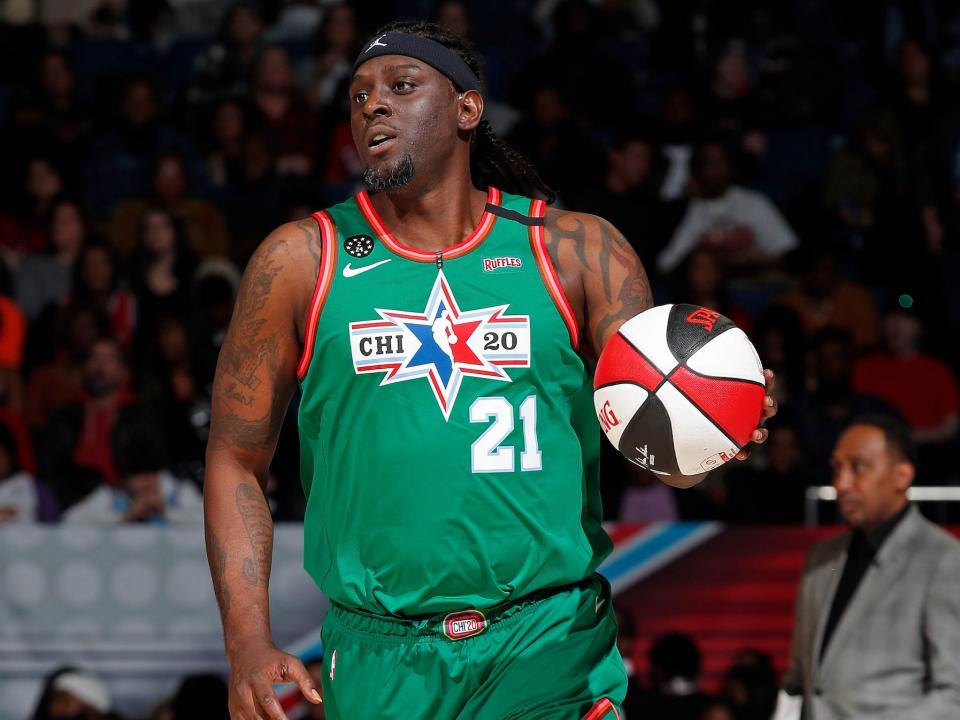 Darius Miles dribbles the ball during the NBA All-Star Celebrity Game in 2020.
