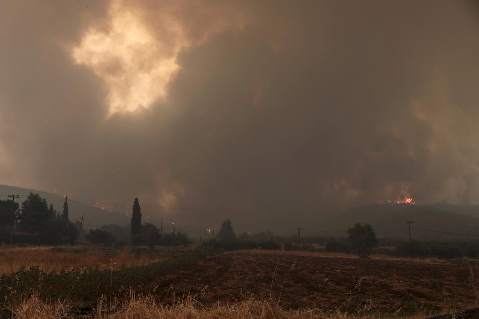 Smoke rises from a forest fire at Psachna village on the island of Evia, northeast of Athens, Tuesday, Aug. 13, 2019. Dozens of firefighters backed by water-dropping aircraft are battling a wildfire on an island north of Athens that has left the Greek capital blanketed in smoke. (AP Photo/Yorgos Karahalis)