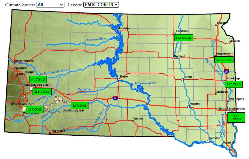 A map of the eight air quality sensors across the state of South Dakota.