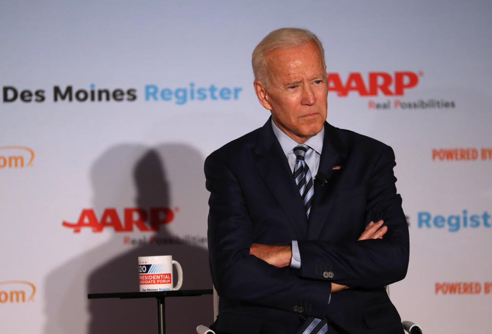 DES MOINES, IOWA - JULY 15: Democratic presidential candidate former U.S. Vice President Joe Biden speaks during the AARP and The Des Moines Register Iowa Presidential Candidate Forum at Drake University on July 15, 2019 in Des Moines, Iowa. Twenty Democratic presidential candidates are participating in the forums that will feature four candidate per forum, to be held in cities across Iowa over five days. (Photo by Justin Sullivan/Getty Images)