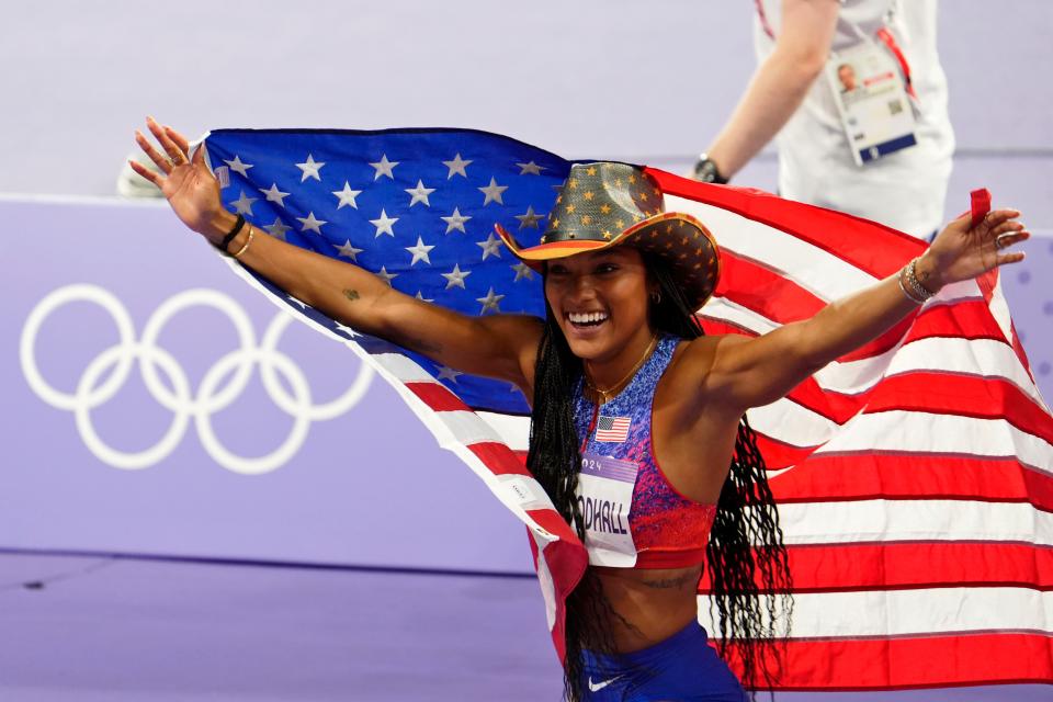 Tara Davis-Woodhall (USA) celebrates after winning the women’s long jump final during the Paris 2024 Olympic Summer Games at Stade de France.