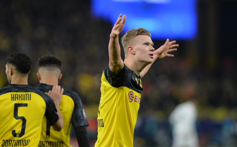 Erling Haaland scored twice as Borussia Dortmund beat Paris Saint-Germain on Tuesday in the Champions League. (Ralf Tresse/Getty)