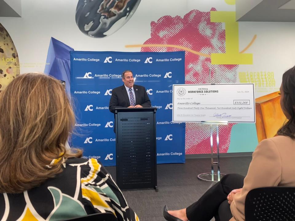 Alberto Treviño III, Commissioner of the Texas Workforce Commission, addresses attendees at the check presentation for the $331,268 Jobs and Education for Texans grant to Amarillo College on Wednesday morning.