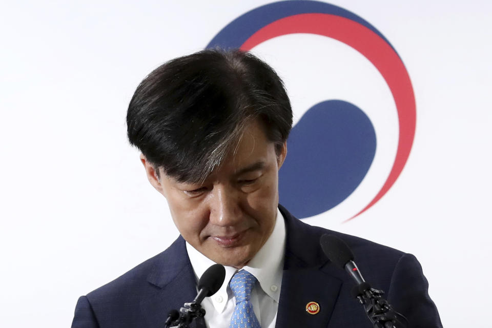 South Korean Justice Minister Cho Kuk attends a press conference to announces prosecution reform measures at Gwacheon Government Complex in Gwacheon, South Korea Monday, Oct. 14, 2019. Cho offered to step down amid an investigation into allegations of financial crimes and academic favors surrounding his family, a scandal that had rocked Seoul's liberal government and deeply polarized national opinion. (Hong Hae-in/Yonhap via AP)