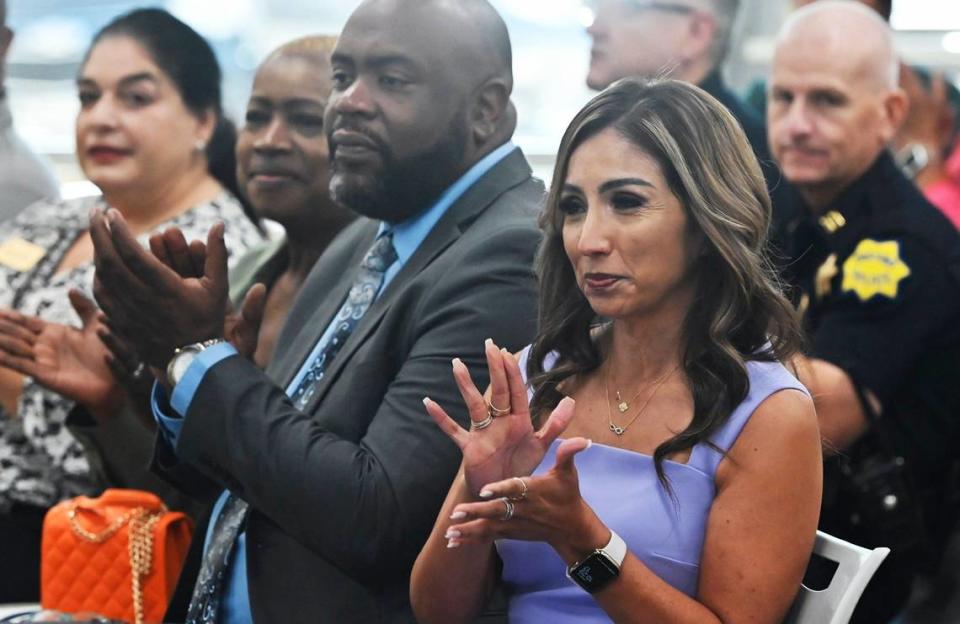 Fresno Economic Opportunities Commission CEO Emilia Reyes, right, claps along with the crowd as two recipients for the Advancing Fresno County Guaranteed Income program spoke at the program’s launch event Wednesday, July 17, 2024 in Fresno. The program will provide $500 a month for one year to 150 chosen families to help fight poverty.