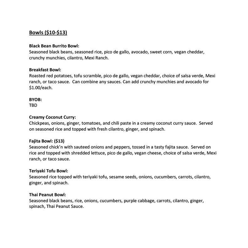 Rough draft of the grain bowl menu at 'Brosia Bowl, a plant-based restaurant opening Friday in downtown Sioux Falls.