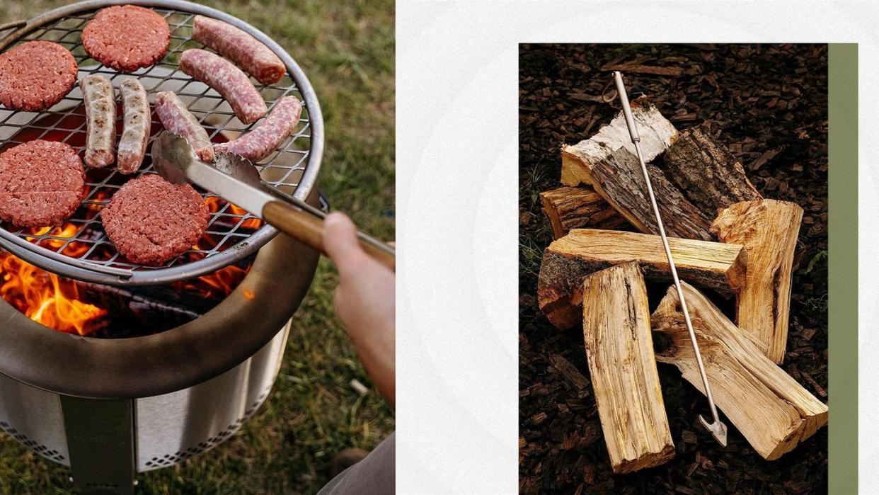 grilling meat over fire pit, fire pit poker on pile of split wood