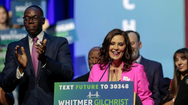 PHOTO: Democratic Michigan Governor Gretchen Whitmer reacts during her 2022 U.S. midterm elections night party in Detroit, Nov. 9, 2022. (Rebecca Cook/Reuters)