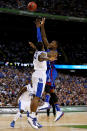 Thomas Robinson #0 of the Kansas Jayhawks shoots over Terrence Jones #3 of the Kentucky Wildcats in the first half in the National Championship Game of the 2012 NCAA Division I Men's Basketball Tournament at the Mercedes-Benz Superdome on April 2, 2012 in New Orleans, Louisiana. (Photo by Jeff Gross/Getty Images)