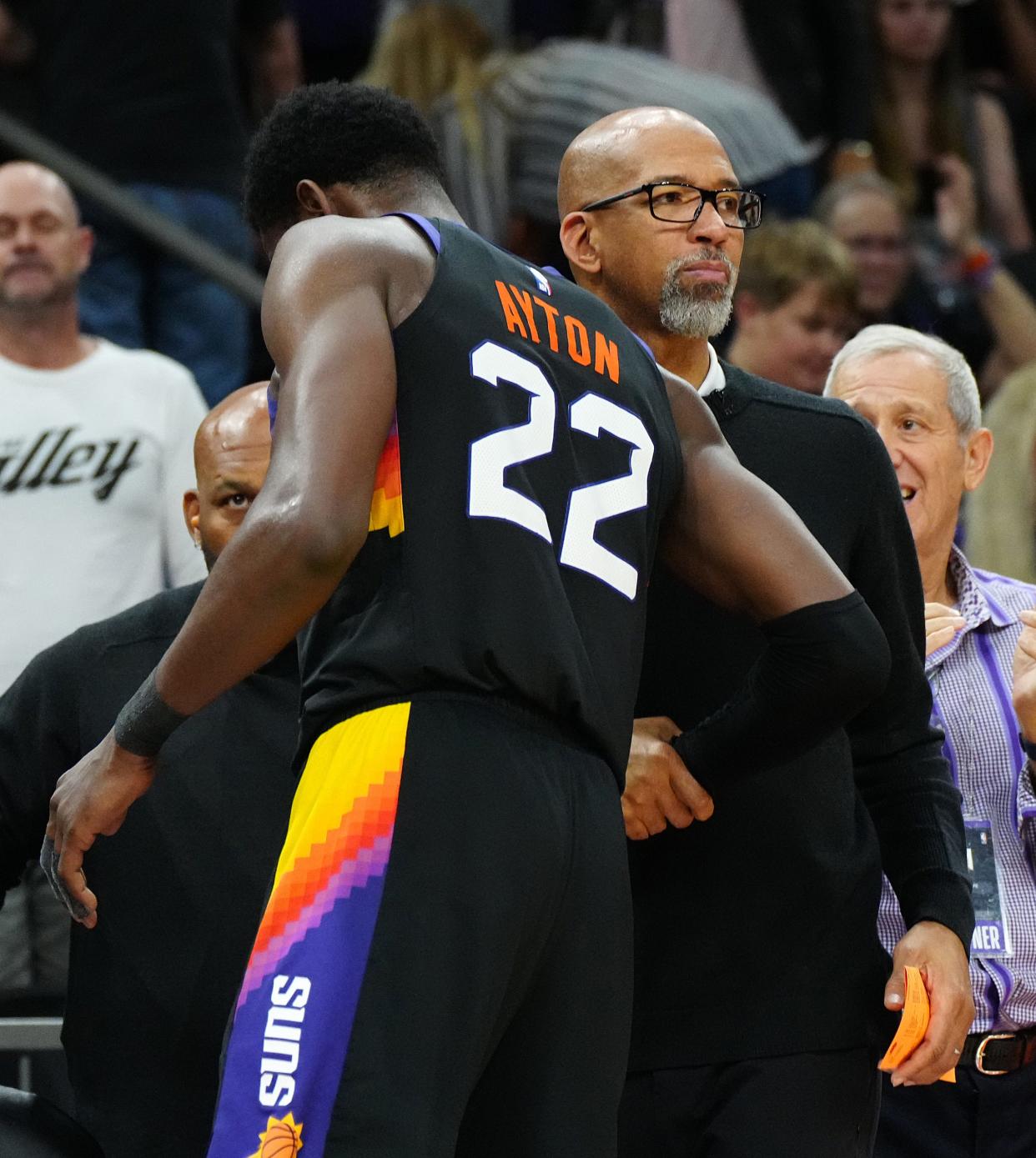 May 10, 2022; Phoenix, Arizona; USA; Suns head coach Monty Williams greets Deandre Ayton (22) as he subs him off during game 5 of the second round of the Western Conference Playoffs.