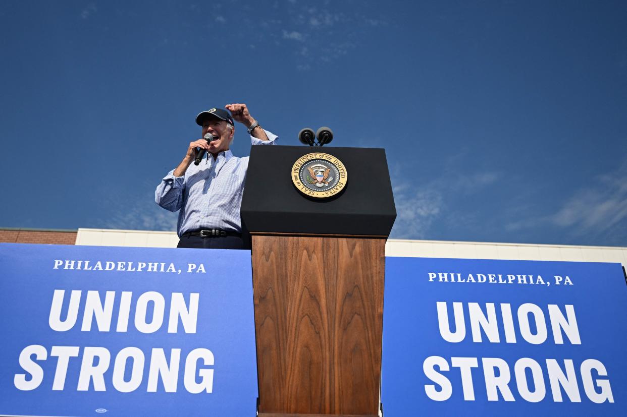 US President Joe Biden speaks during Labor Day celebrations in Philadephia, Pennsylvania, August 4, 2023.