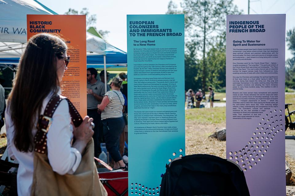 Educational panels in Karen Cragnolin Park share history of the area and the nearby French Broad River.