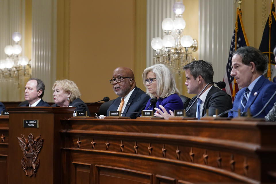 Rep. Adam Schiff, D-Calif., Rep. Zoe Lofgren, D-Calif., Rep. Bennie Thompson, D-Miss., Rep. Liz Cheney, R-Wyo., Rep. Adam Kinzinger, R-Ill., and Rep., Jamie Raskin, D-Md., listen as the House select committee tasked with investigating the Jan. 6 attack on the U.S. Capitol meets to hold Steve Bannon, one of former President Donald Trump's allies in contempt, on Capitol Hill in Washington, Tuesday, Oct. 19, 2021. (J. Scott Applewhite/AP)