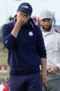 Team USA's Jordan Spieth reacts to his missed putt on the 15th hole during a four-ball match the Ryder Cup at the Whistling Straits Golf Course Saturday, Sept. 25, 2021, in Sheboygan, Wis. (AP Photo/Ashley Landis)