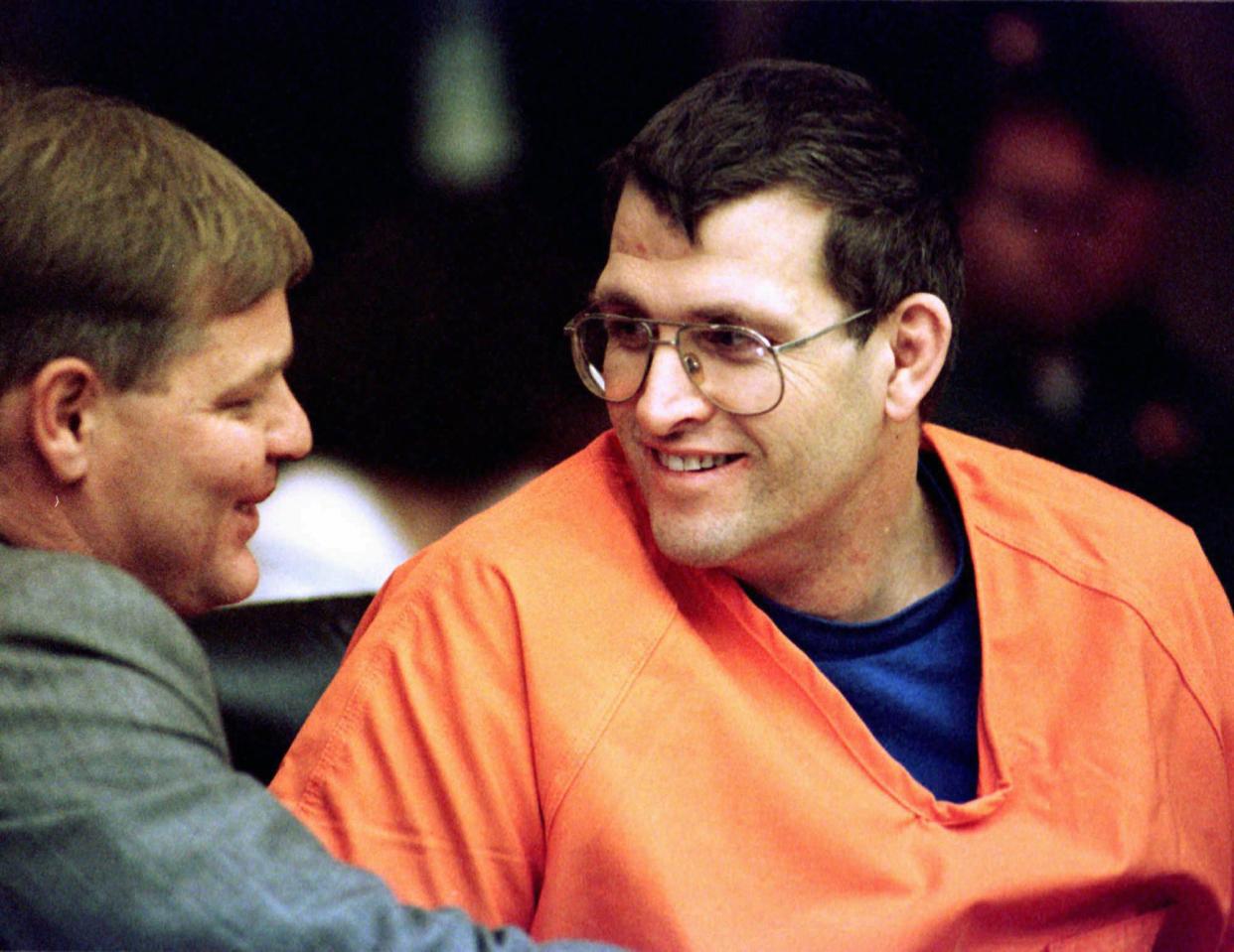 Convicted murderer Keith Jesperson, right,  shown here at a Nov. 2, 1995,  court appearance in Portland, Ore., with attorney Thomas Phelan.