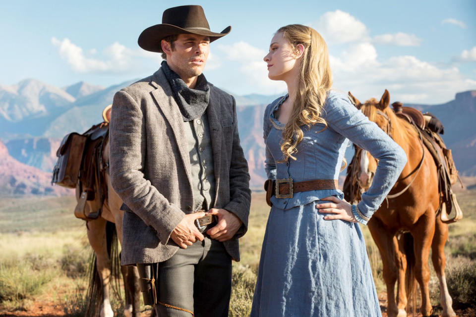 James Marsden as Teddy and Evan Rachel Wood as Dolores Abernathy