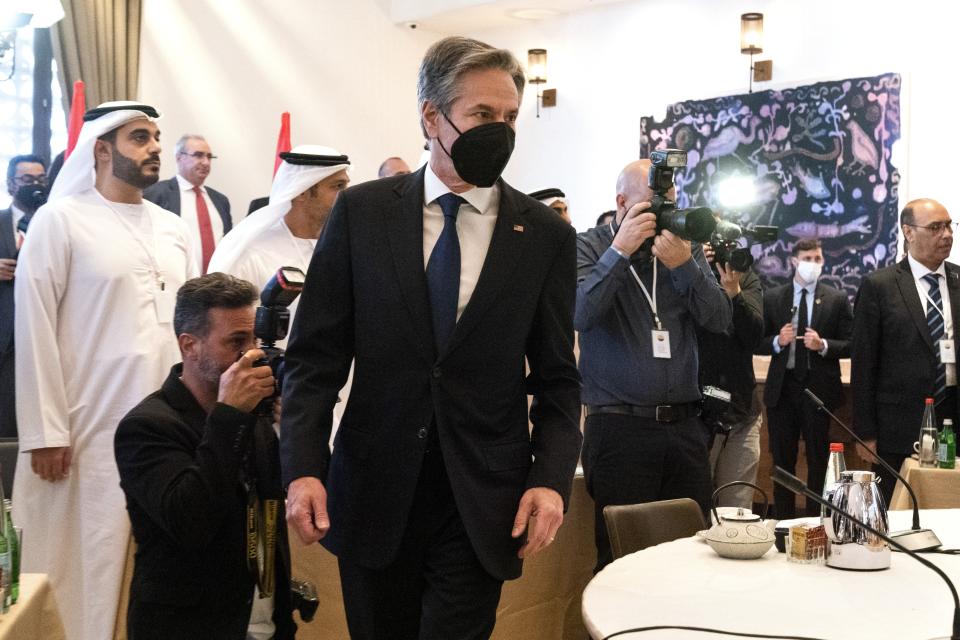 U.S. Secretary of State Antony Blinken arrives to attend the Negev Summit, Monday, March 28, 2022, in Sde Boker, Israel. (AP Photo/Jacquelyn Martin, Pool)