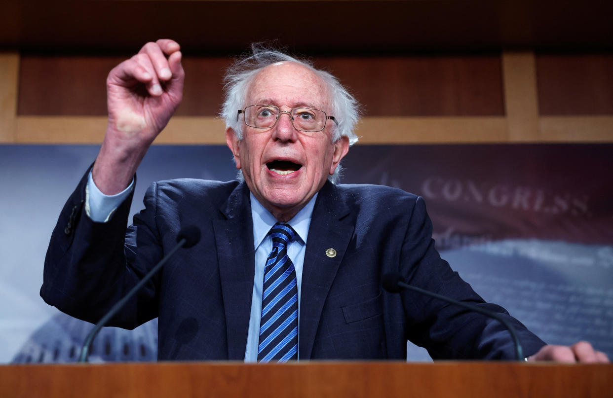 Senator Bernie Sanders (I-VT) holds a press conference on Capitol Hill after Starbucks CEO Howard Schultz agreed to testify before the Senate Health, Education, Labor, and Pensions Committee (HELP), in Washington, U.S., March 7, 2023. REUTERS/Evelyn Hockstein