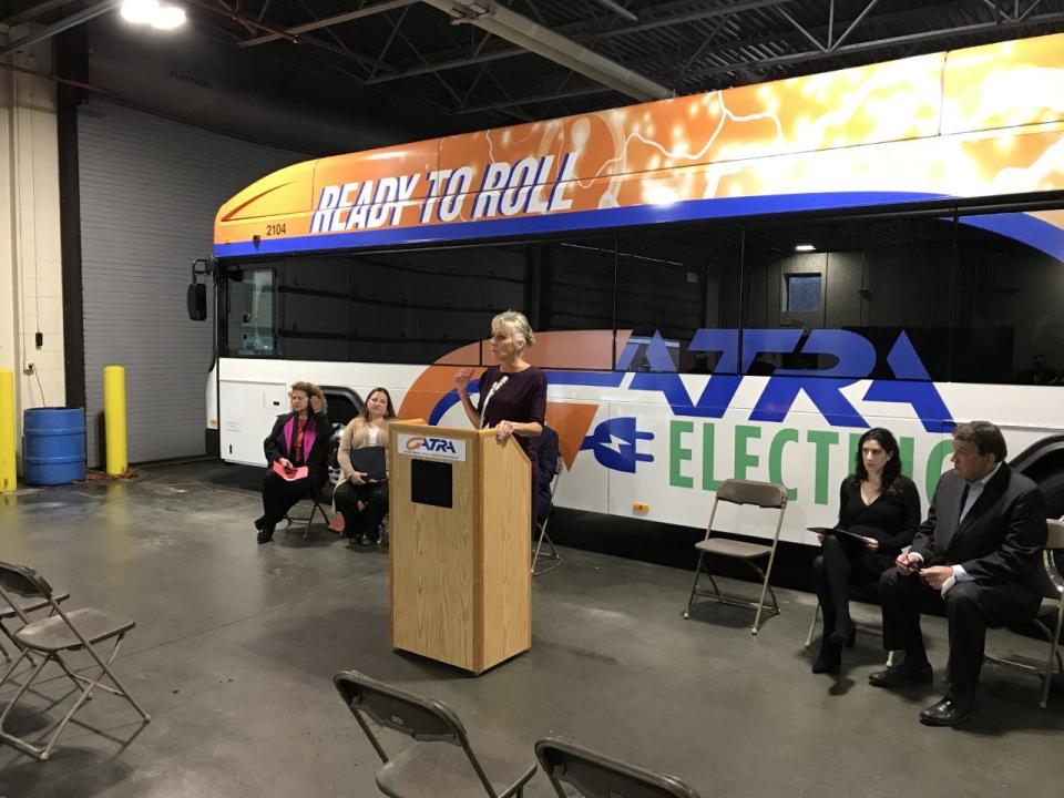 Taunton Mayor Shaunna O'Connell speaks at a Climate Week celebration at GATRA in Taunton on Thursday, Sept. 21, 2022.