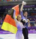 <p>Aljona Savchenko and Bruno Massot of Germany celebrate after winning the gold medal in the pairs free skate figure skating final in the Gangneung Ice Arena at the 2018 Winter Olympics in Gangneung, South Korea, Thursday, Feb. 15, 2018. (AP Photo/Bernat Armangue) </p>