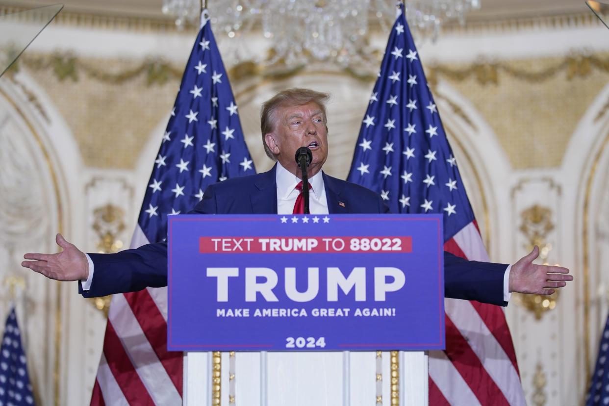 FILE - Former President Donald Trump speaks at his Mar-a-Lago estate on April 4, 2023, in Palm Beach, Fla., after being arraigned earlier in the day in New York City. After his initial court appearance in the New York case, the first of several in which he is in legal jeopardy, Trump ticked through the varied investigations he was facing and branded them as “massive” attempts to interfere with the 2024 election. (AP Photo/Evan Vucci, File)