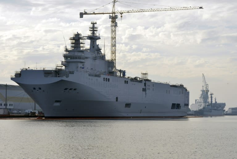 Mistral-class vessels docked in the western French port of Saint-Nazaire