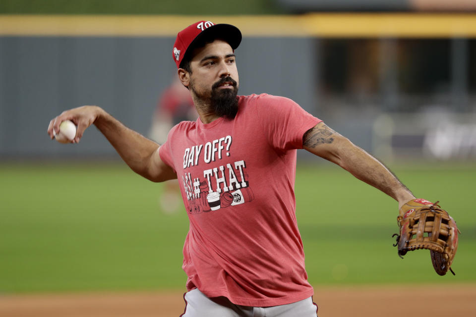 Washington Nationals third baseman Anthony Rendon warms up during batting practice for baseball's World Series Monday, Oct. 21, 2019, in Houston. The Houston Astros face the Washington Nationals in Game 1 on Tuesday. (AP Photo/Eric Gay)