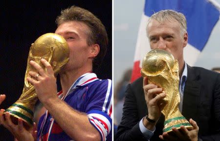 A combination picture shows Didier Deschamps kissing the World Cup winner trophy as French soccer team captain on July 12, 1998 (L) at the Stade de France in Saint-Denis, France, and as French soccer team coach on July 15, 2018 (R) at Luzhniki Stadium in Moscow, Russia. REUTERS/Ian Waldie (L) and REUTERS/Carl Recine (R)