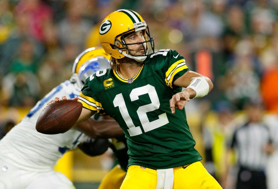 Packers quarterback Aaron Rodgers throws a pass during the third quarter of the Lions' 35-17 loss on Monday, Sept. 20, 2021, in Green Bay, Wisconsin.