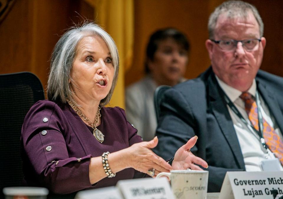 New Mexico Gov. Michelle Luján Grisham speaks during a press conference and provides updates on ongoing investigations following an alleged case of severe abuse and neglect of a developmentally disabled adult, at the state capitol on Monday, March 20, 2023, in Santa Fe, N.M.