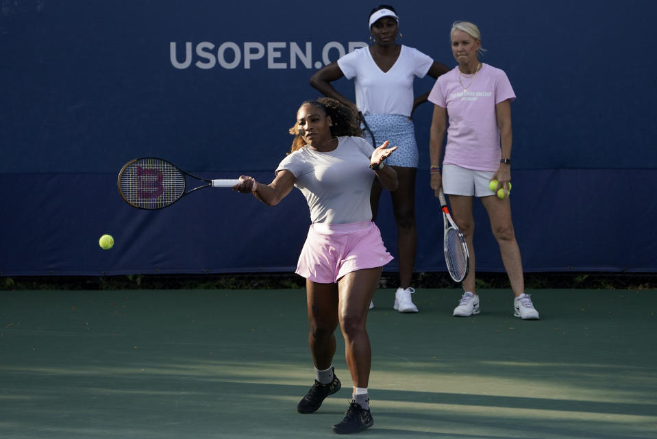 Serena Williams, of the United States, practices before playing against Anett Kontaveit, of Estonia, during the second round of the US Open tennis championships, Wednesday, Aug. 31, 2022, in New York. (AP Photo/John Minchillo)