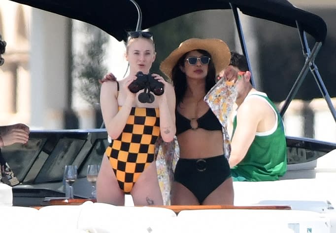 Bikini clad BFF's Sophie Turner and Priyanka Chopra enjoy a yacht day with Joe Jonas and Nick Jonas in Miami in 2019.