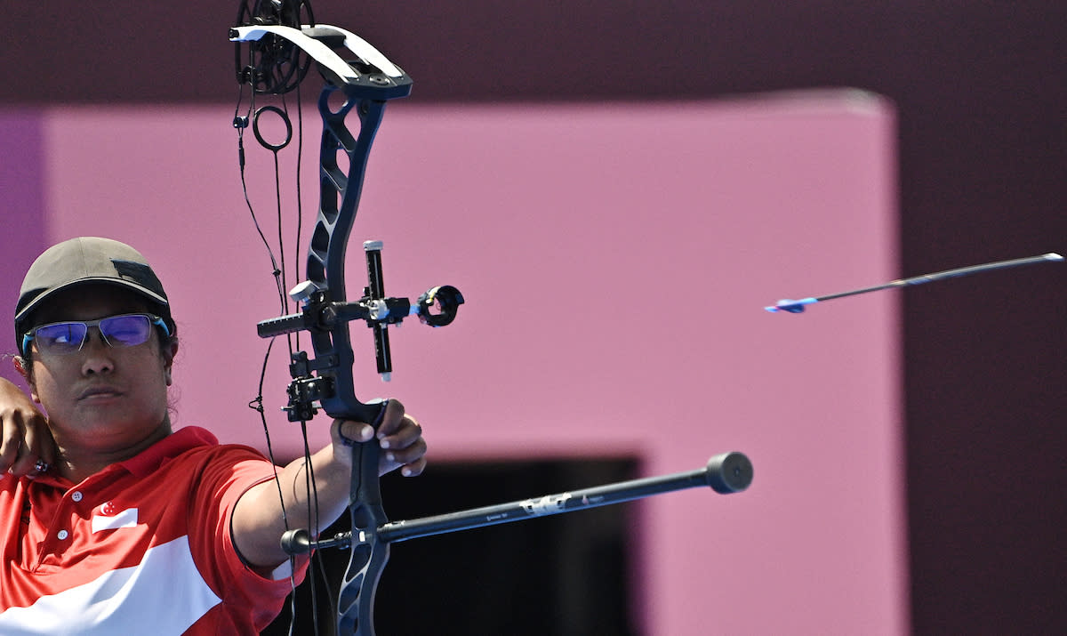 Singapore archer Syahidah Alim competing in the women's individual compound open elimination round at the 2020 Tokyo Paralympics. (PHOTO: Sport Singapore)