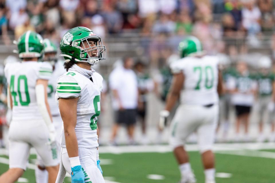 Provo’s Oliver Mackay celebrates after a third down stop in the high school football game against Olympus at Olympus High School in Holladay on Friday, Aug. 18, 2023. | Megan Nielsen, Deseret News