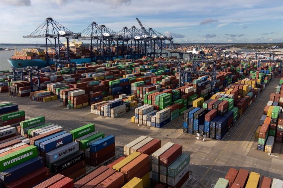 The Port of Felixstowe in Suffolk, Britain’s biggest and busiest container port. Workers at the leading container port have voted to strike in a dispute over pay (Joe Giddens/PA) (PA Wire)