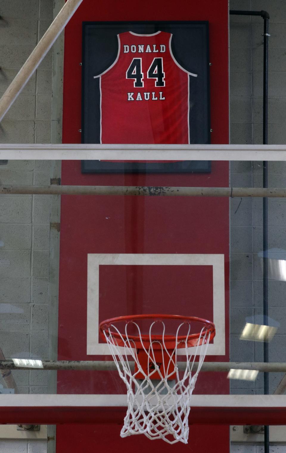 Don Kaull’s jersey hangs in the Rogers High School gym. He scored more than 1,100 points for the boys basketball team during his years at the school.