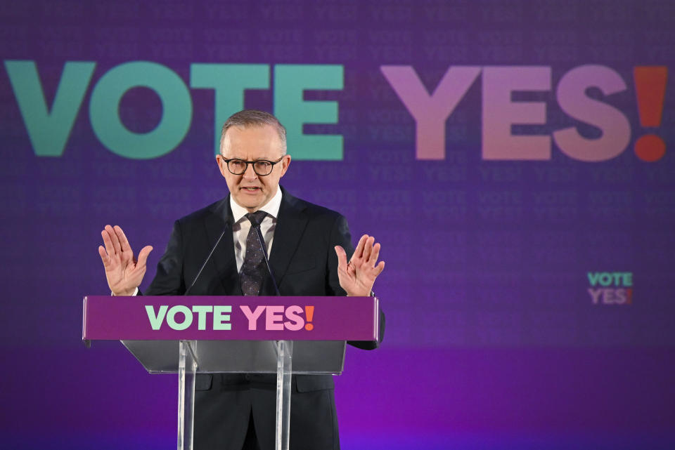 Prime Minister Anthony Albanese speaks during the Yes23 official campaign launch in Adelaide, Australia, Wednesday, Aug. 30, 2023. Albanese announced that Australians will vote on Oct. 14 in a referendum that would enshrine in the nation's constitution a mechanism for Indigenous people to advise Parliament on policies that effect their lives known as the Voice. (Mark Brake/AAP Image via AP)