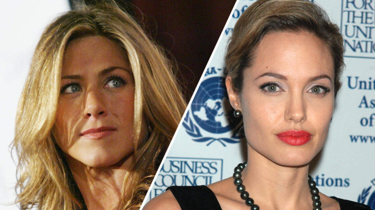 Jennifer Aniston and Angelina Jolie in 2005 (AP Photo/Danny Moloshok/John Smock)