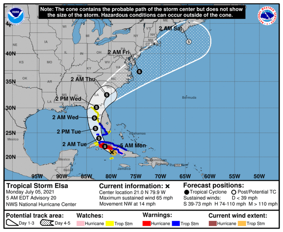 Tropical Storm Elsa, 5 a.m. Monday