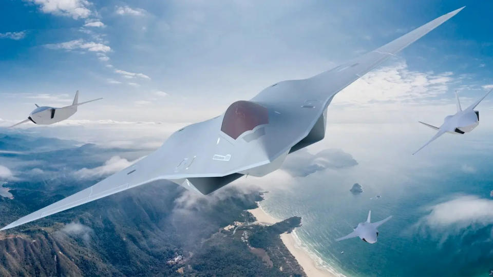 A rendering of a notional sixth-generation stealth crewed combat jet flying together with a trio of drones. <em>Collins Aerospace</em>