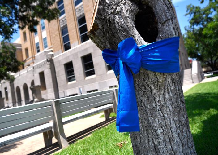 O panglică albastră este legată în jurul unui copac pecan, în afara tribunalului din comitatul Eastland, în memoria adjunctului șerifului din comitatul Eastland, David Bosecker, ucis sâmbătă, 22 iulie 2023.