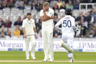 New Zealand's Kyle Jamieson reacts after bowling as England add runs during the fourth day of the test match between England and New Zealand at Lord's cricket ground in London, Sunday, June 5, 2022. (AP Photo/Kirsty Wigglesworth)