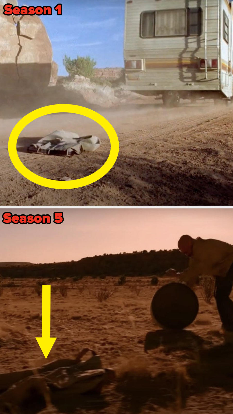 The pants lying in the desert in both episodes