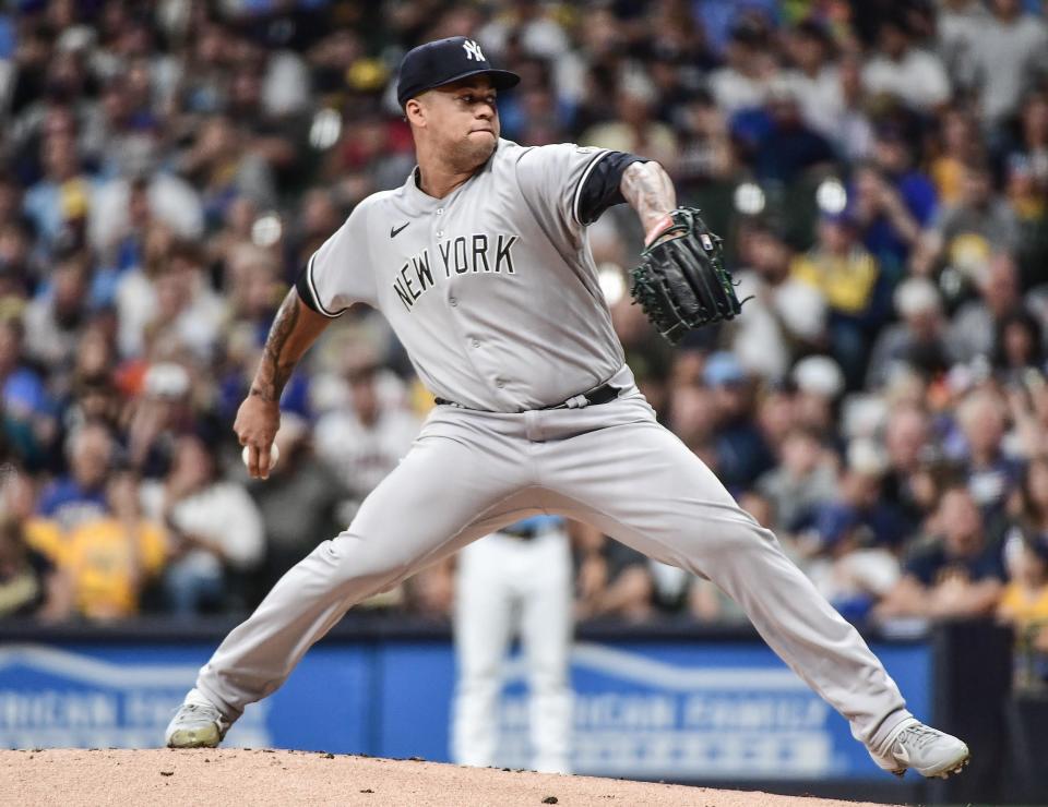 Sep 16, 2022; Milwaukee, Wisconsin, USA; New York Yankees pitcher Frankie Montas (47) throws a pitch in the first inning against the Milwaukee Brewers at American Family Field.