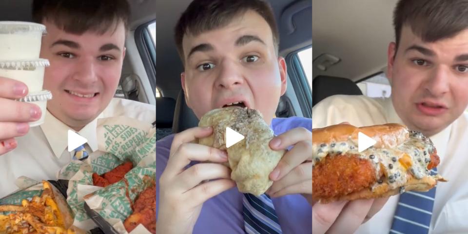 Three photos showing Luke Collins, from the TikTok account @lukefoods, presenting and eating fast food