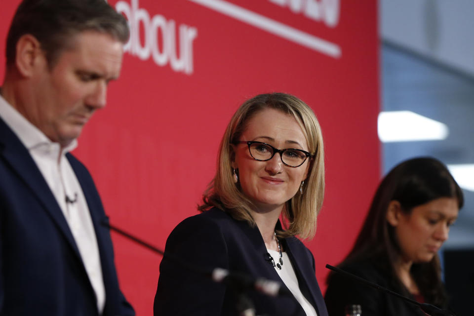 LONDON, ENGLAND - FEBRUARY 16: Sir Keir Starmer, Rebecca Long-Bailey and Lisa Nandy speaking at a hustings event for Labour Leader and Deputy Leader, hosted by the Co-operative Party, at the Business Design Centre on February 16, 2020 in London, England. Sir Keir Starmer, Rebecca Long-Bailey and Lisa Nandy are vying to replace Labour leader Jeremy Corbyn, who offered to step down following his party's loss in the December 2019 general election. (Photo by Hollie Adams/Getty Images)