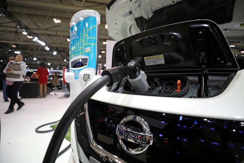 FILE PHOTO: A 2020 Nissan Leaf electric vehicle is displayed at the Canadian International Auto Show in Toronto