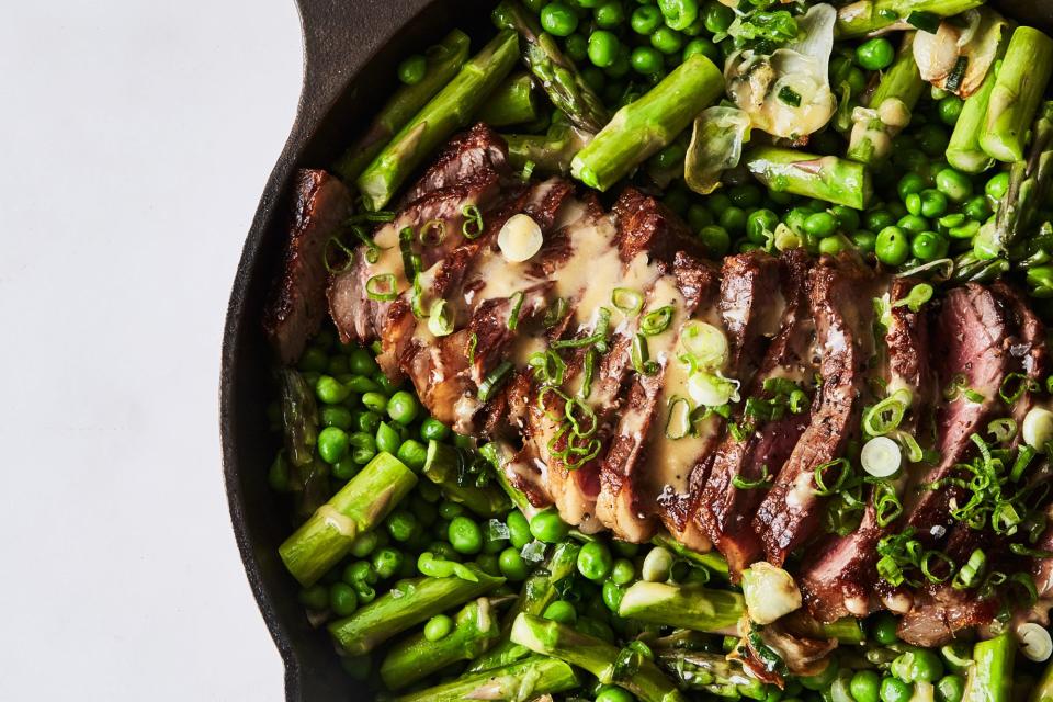 One-Skillet Steak and Spring Veg with Spicy Mustard